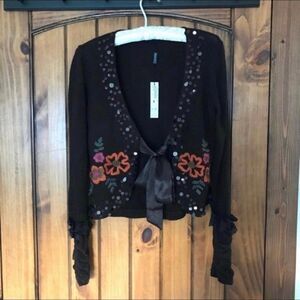 Panitti Embroidered Shrug Open Front Tie Sweater Cardigan Brown Floral S NWT